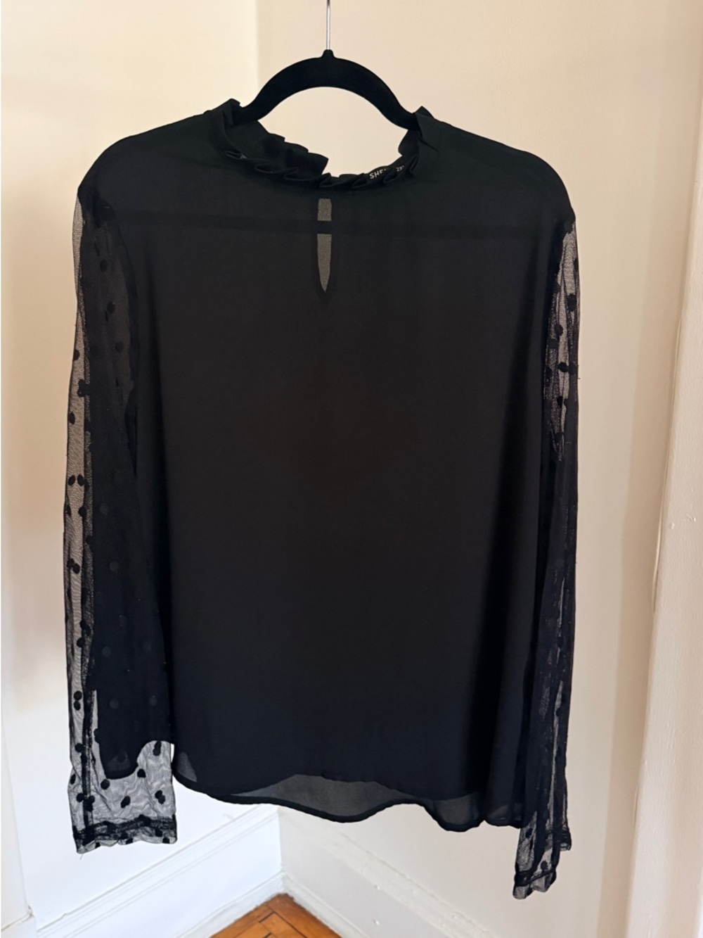 SHEIN Black Ruffled Mock-Neck Blouse with Polka Dot Sheer Sleeves